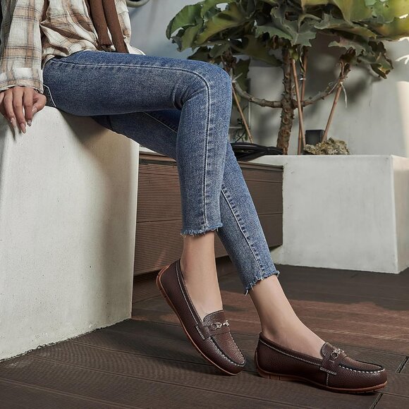 Kordal Women's Coffee Leather Gold Accent Buckle Slip-Ons Walking Flats Loafers - Picture 7 of 9